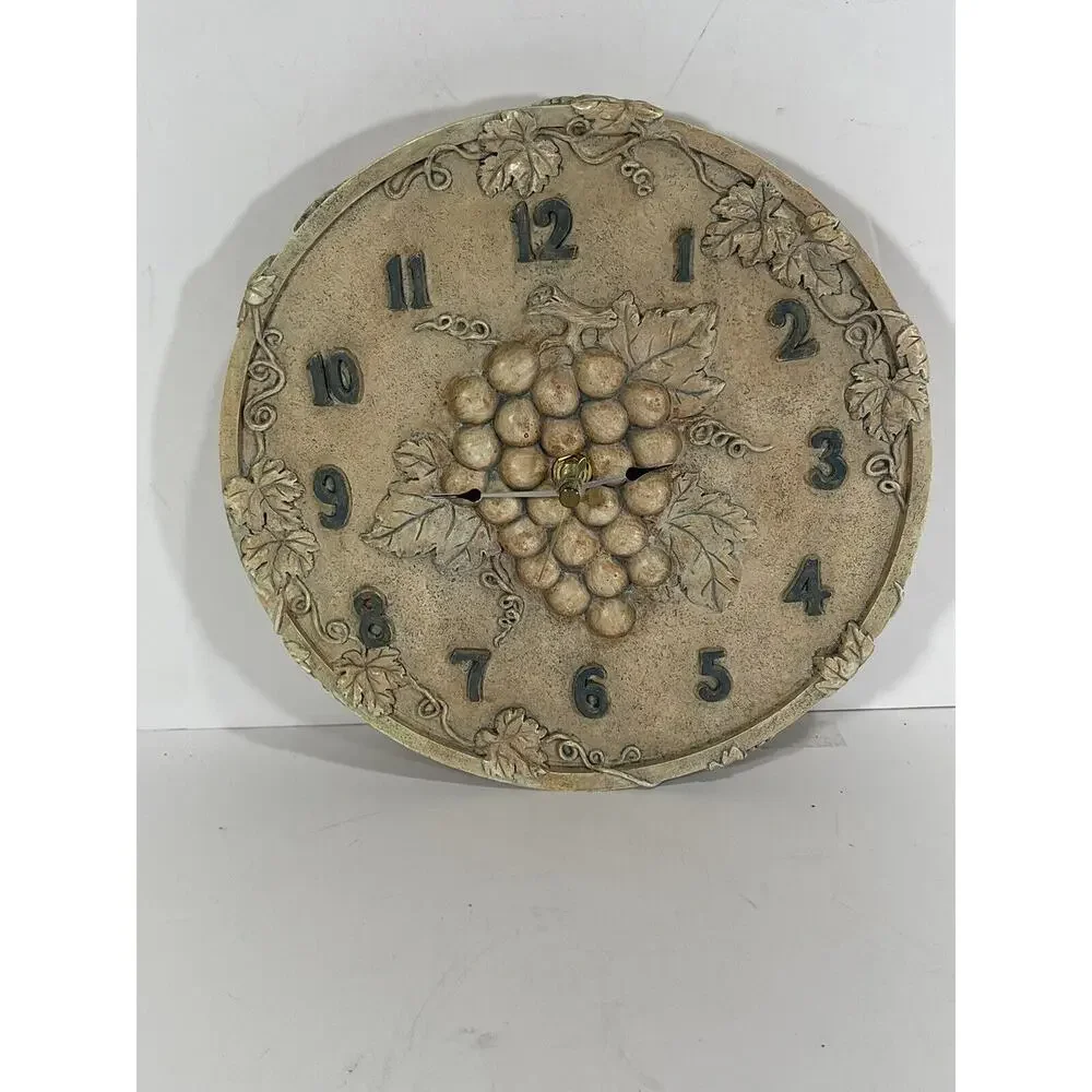 Vintage Ceramic Wall Clock Grapes Motif Gorgeous Round Fruits‎ Rustic Stone Like